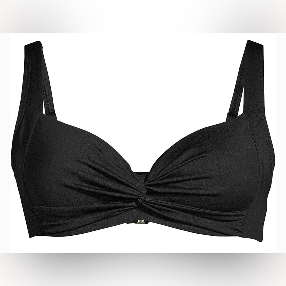 New LANDS END Twist Front Underwire Bikini Swimsuit Top Black Soft Padded Cups